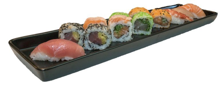 Eksempel på 12 stk. sushi - blandet maki og nigiri